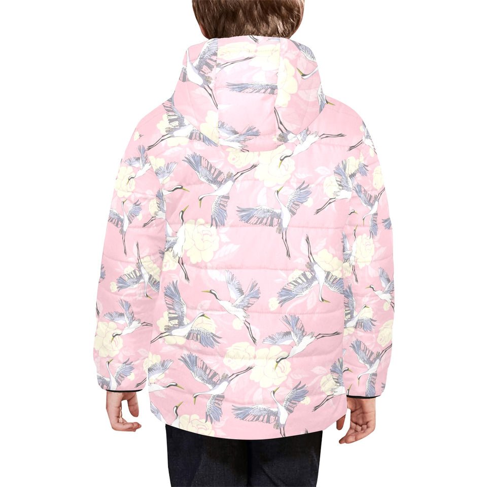 Japanese crane rose pattern Kids' Boys' Girls' Padded Hooded Jacket