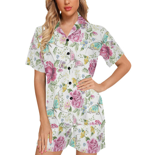 Hand drawn butterfly rose Women's V-Neck Short Pajama Set