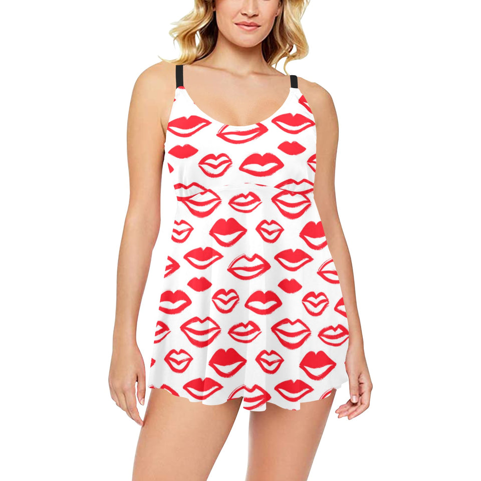 Lips Pattern Print Design 05 Chest Sexy Pleated Two Piece Swim Dress