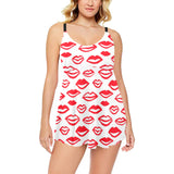 Lips Pattern Print Design 05 Chest Sexy Pleated Two Piece Swim Dress