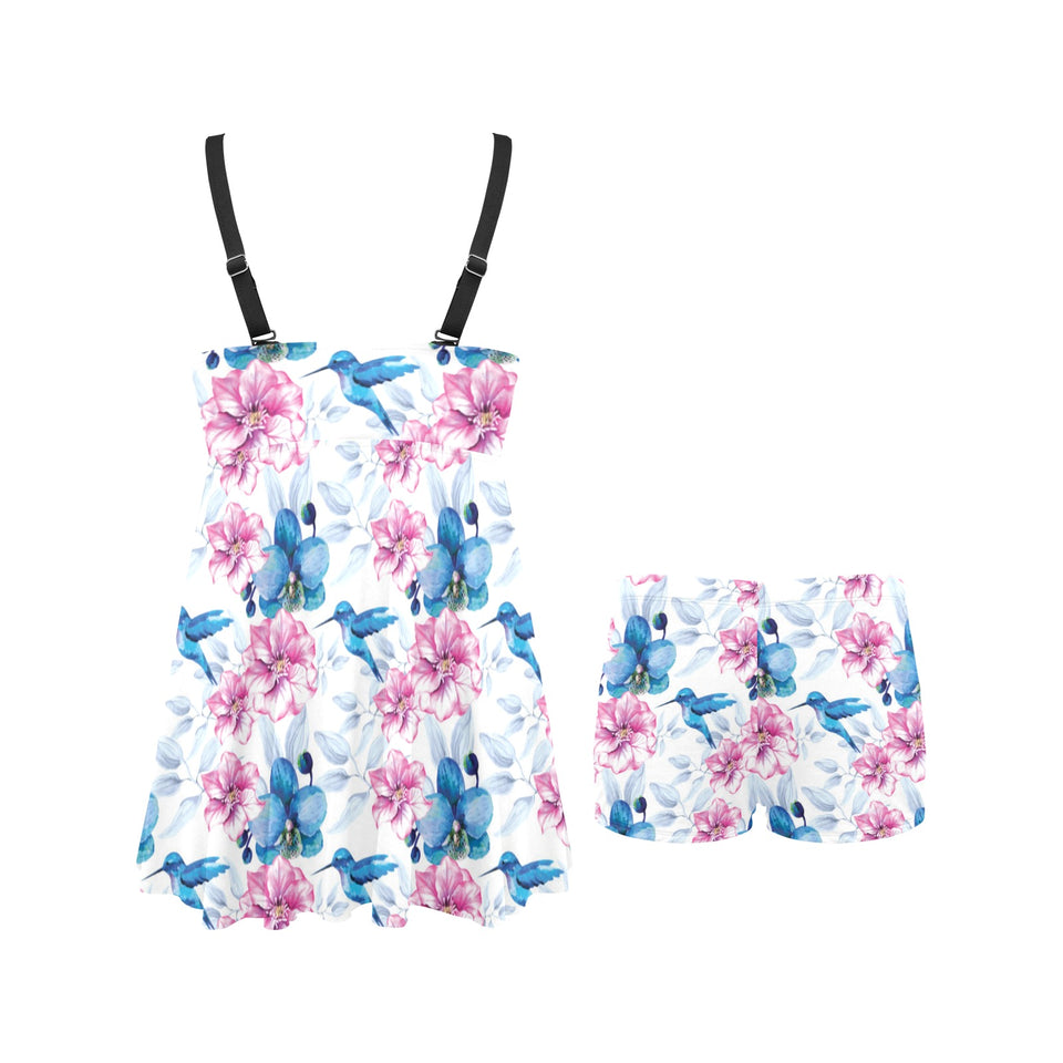 Hummingbird Pattern Print Design 02 Chest Sexy Pleated Two Piece Swim Dress
