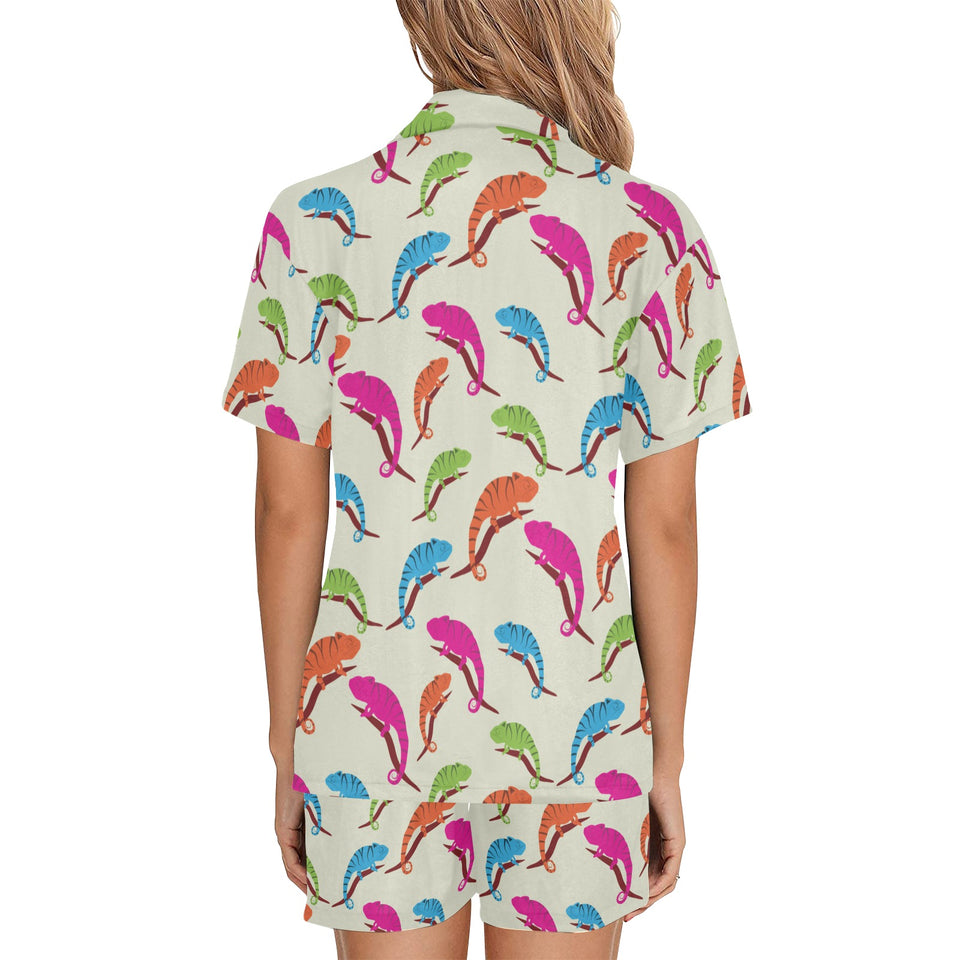 Colorful Chameleon lizard pattern Women's V-Neck Short Pajama Set