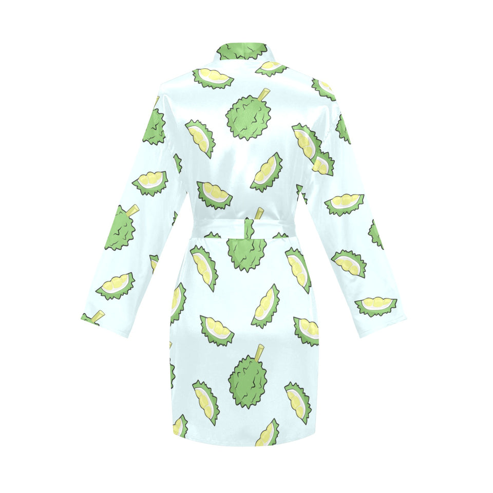 Durian pattern blue background Women's Long Sleeve Belted Night Robe