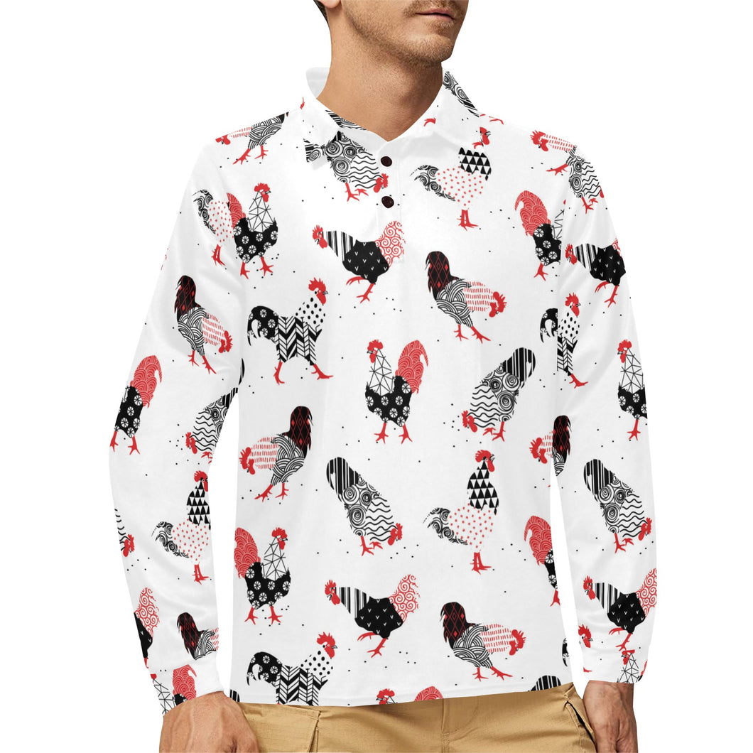 Cool rooster chicken cock floral ornament backgrou Men's Long Sleeve Polo Shirt