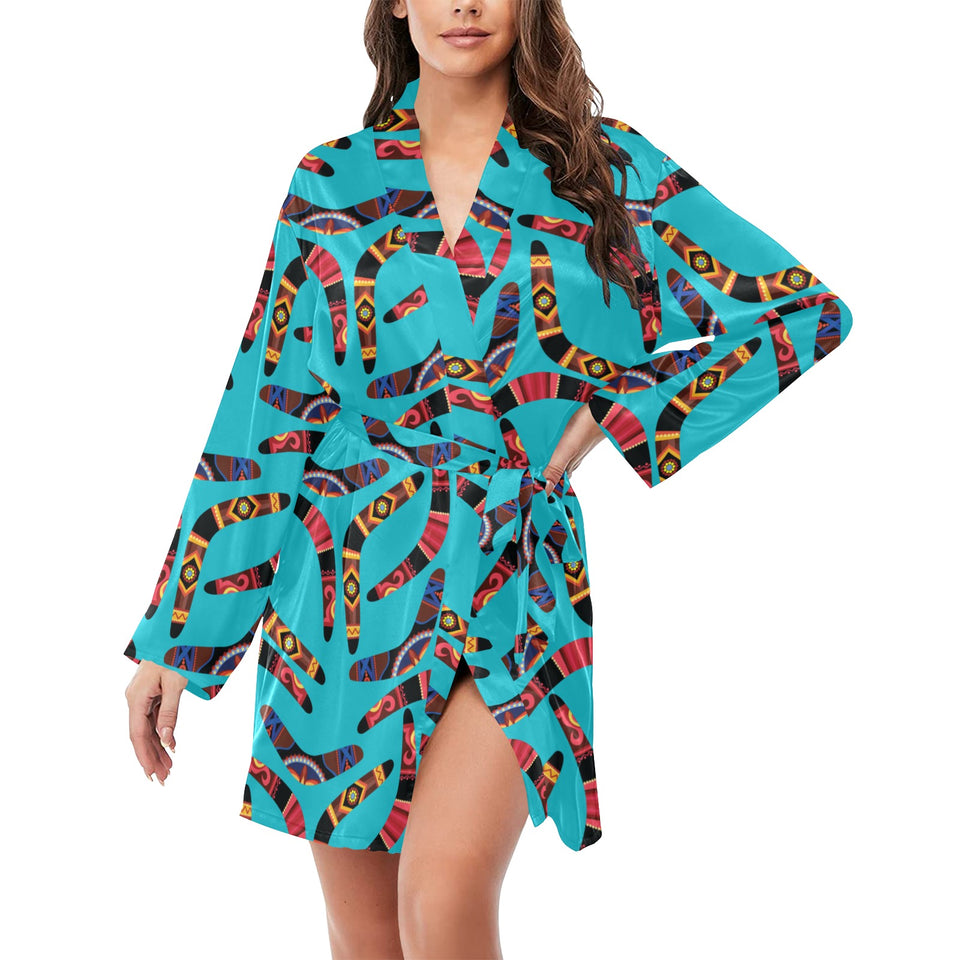 Boomerang Australian aboriginal ornament blue back Women's Long Sleeve Belted Night Robe
