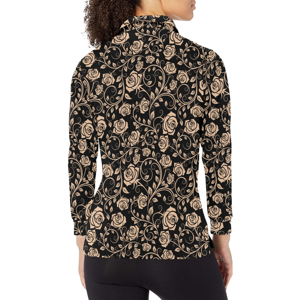 Rose Pattern Print Design 04 Women's Long Sleeve Polo Shirt