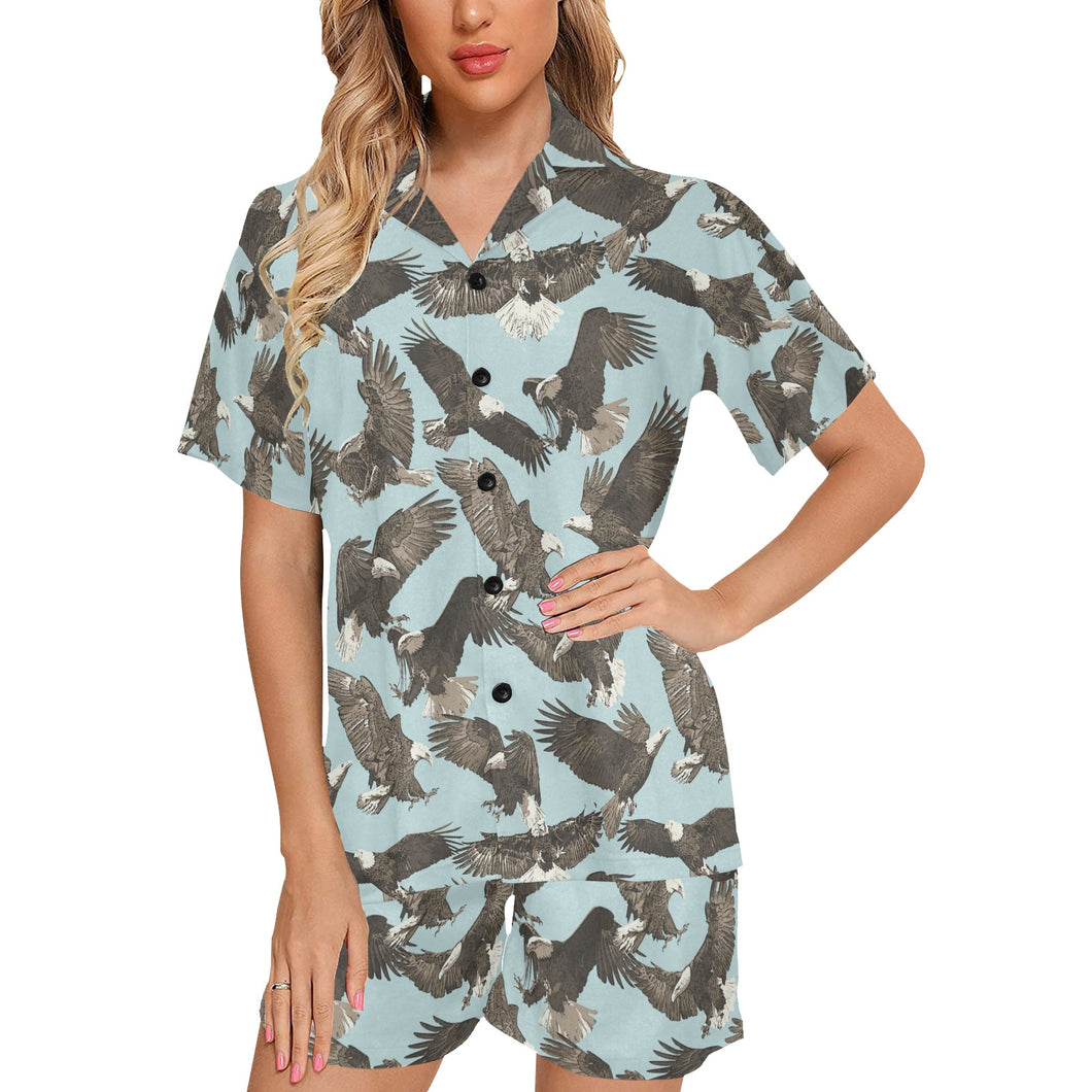 Eagle Pattern Print Design 01 Women's V-Neck Short Pajama Set
