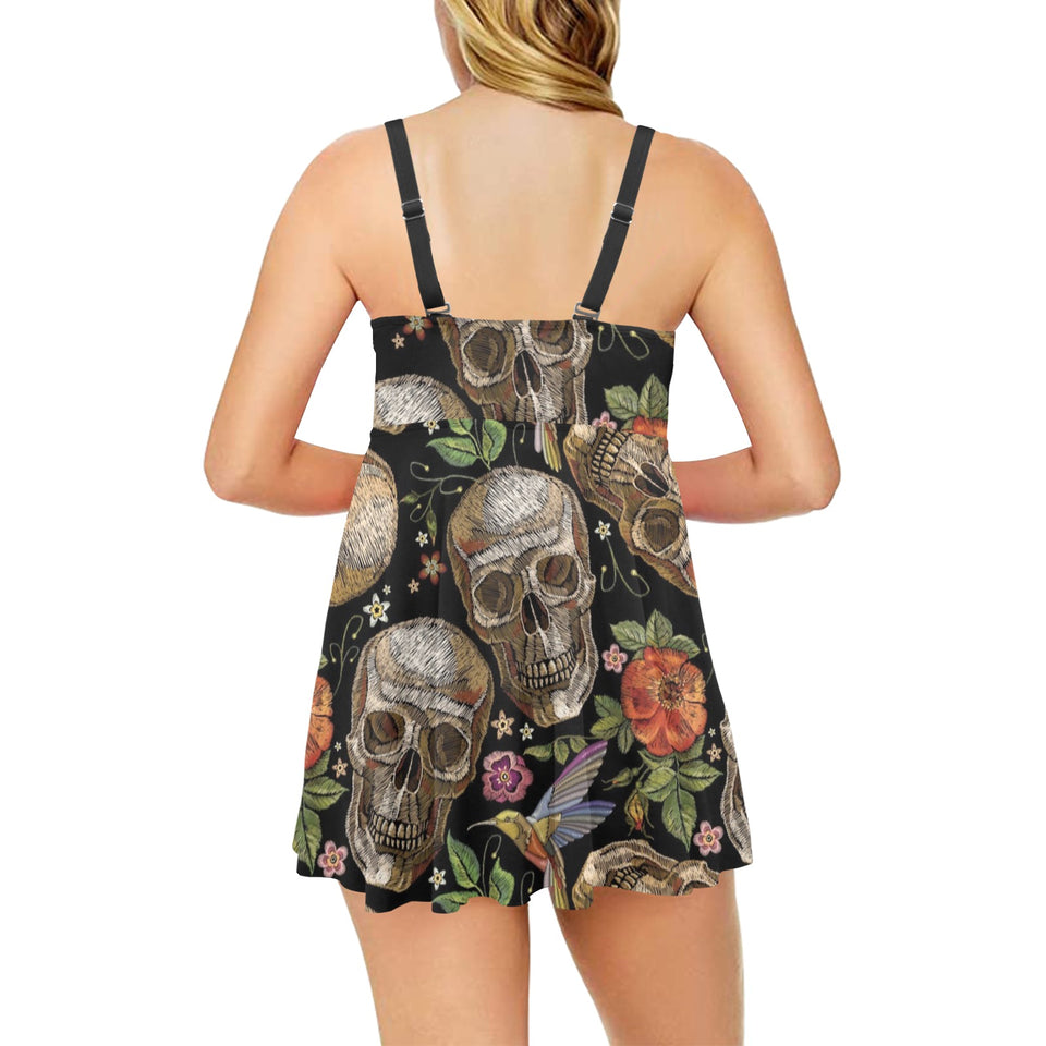 Skull rose humming bird flower pattern Chest Sexy Pleated Two Piece Swim Dress