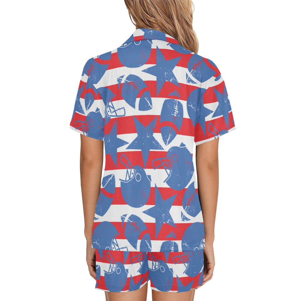 American football ball star stripes pattern Women's V-Neck Short Pajama Set