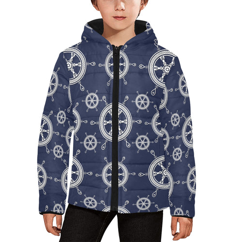 nautical steering wheel design pattern Kids' Boys' Girls' Padded Hooded Jacket