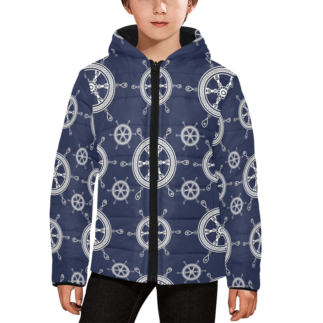 nautical steering wheel design pattern Kids' Boys' Girls' Padded Hooded Jacket