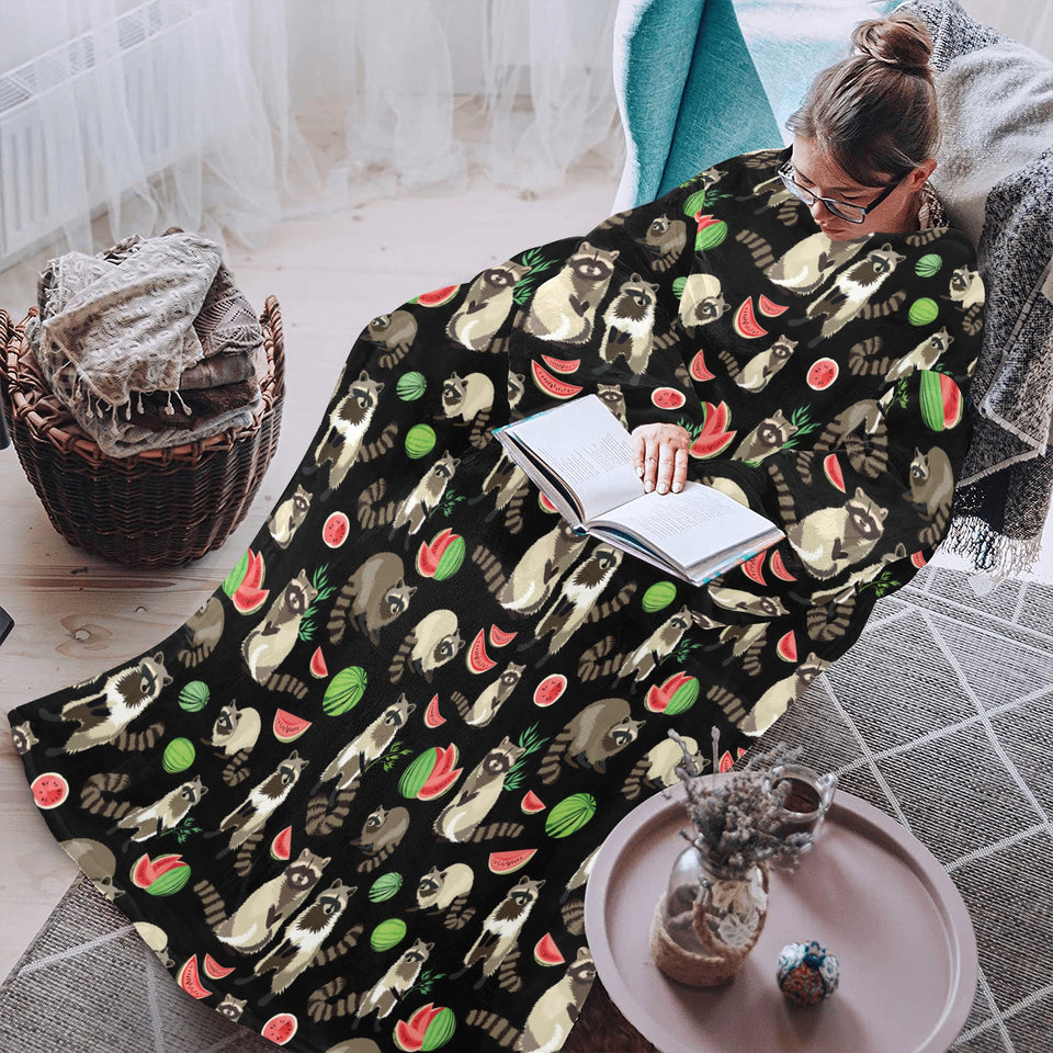 Raccoon watermelon pattern Blanket Robe with Sleeves