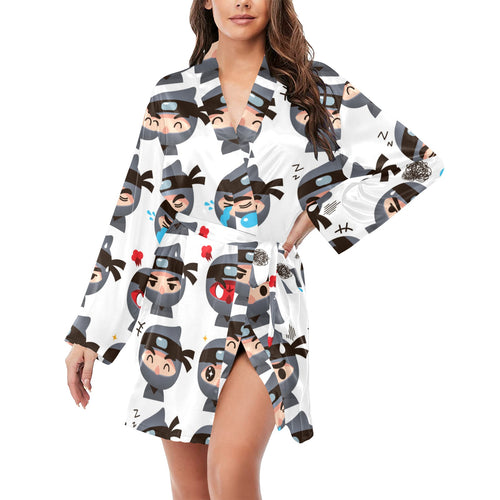 Cute ninja design pattern Women's Long Sleeve Belted Night Robe
