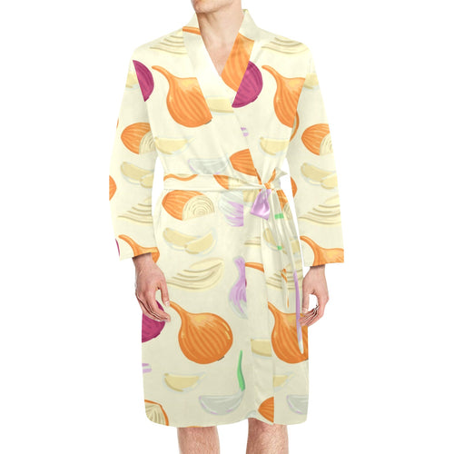 Onion garlic white red pattern Men's Long Sleeve Belted Night Robe