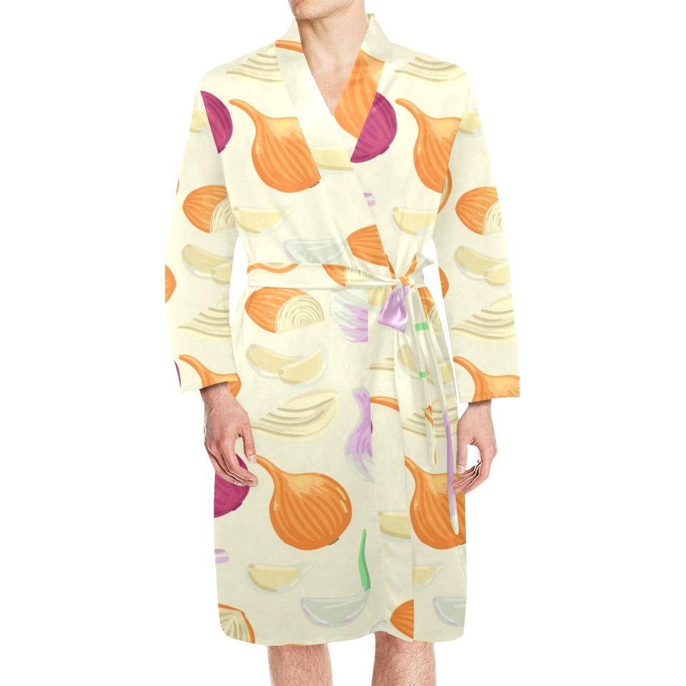 Onion garlic white red pattern Men's Long Sleeve Belted Night Robe