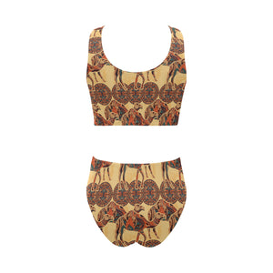 Camel polynesian tribal design pattern Chest Bowknot High Waisted Bikini Swimsuit