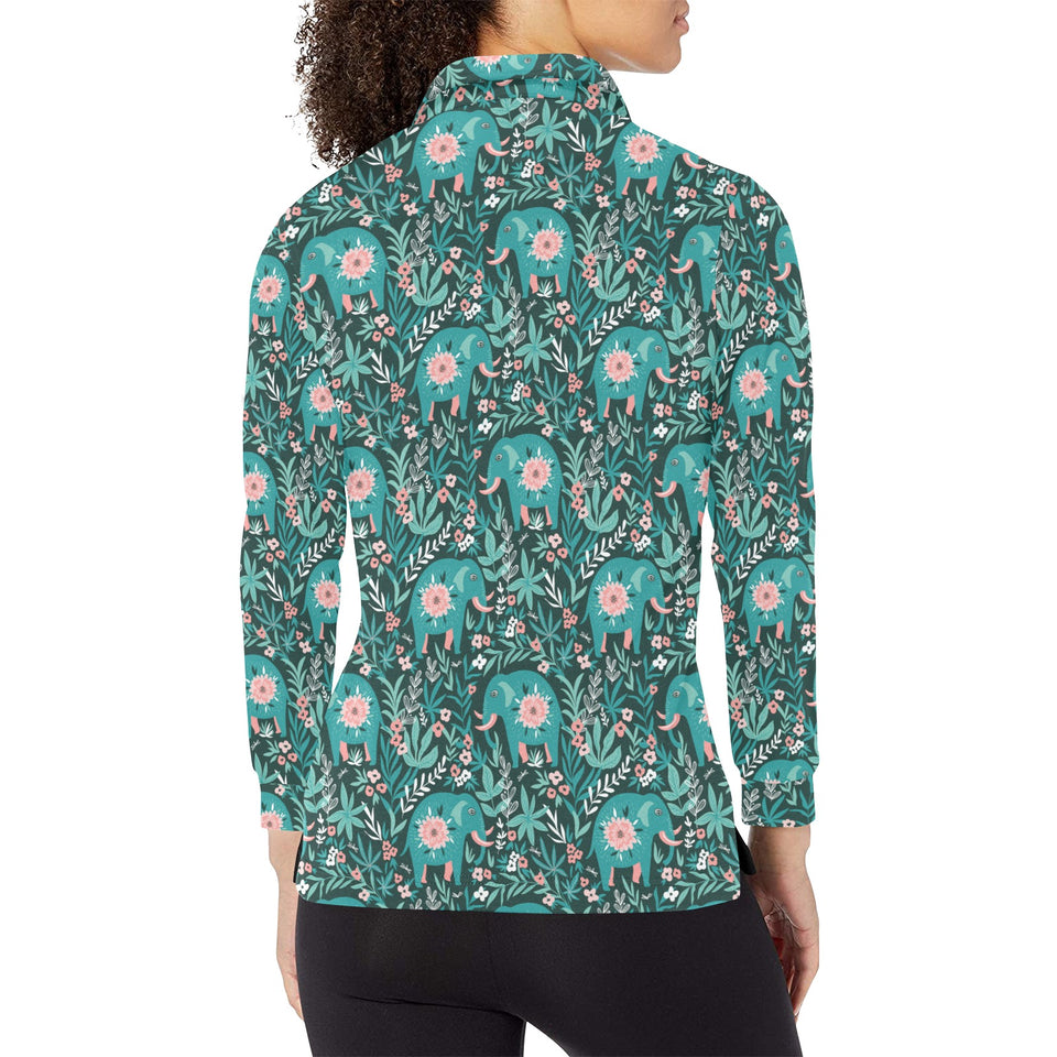 Elephants jungle pattern Women's Long Sleeve Polo Shirt