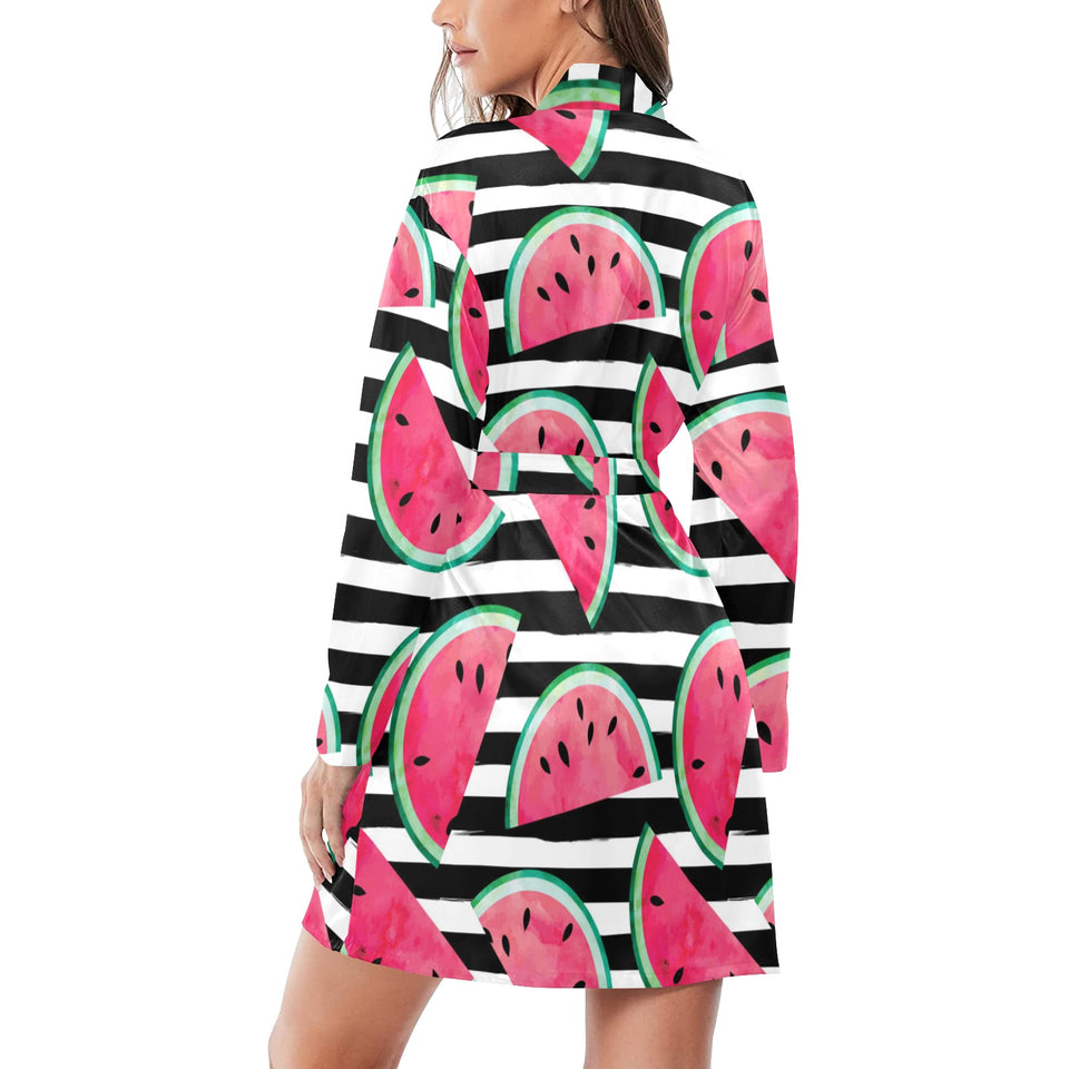 Watercolor paint textured watermelon pieces Women's Long Sleeve Belted Night Robe