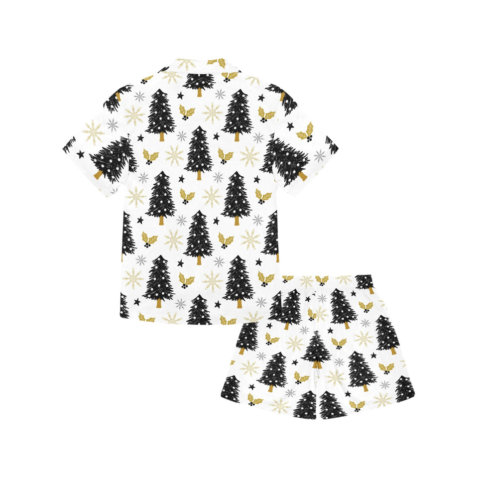 Christmas tree holly snow star pattern Kids' Boys' Girls' V-Neck Short Pajama Set