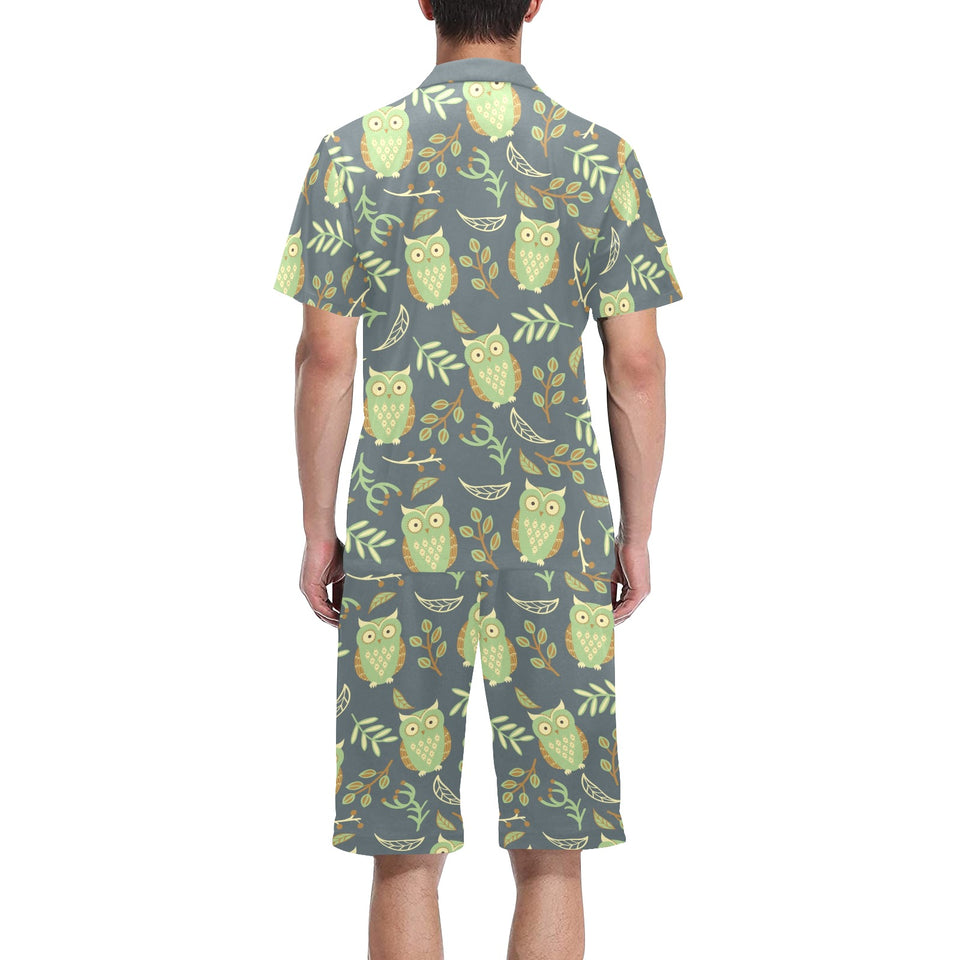 Cute owls leaves pattern Men's V-Neck Short Pajama Set
