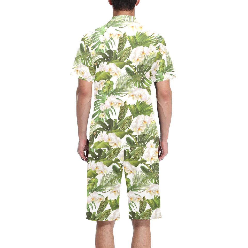 White orchid flower tropical leaves pattern Men's V-Neck Short Pajama Set