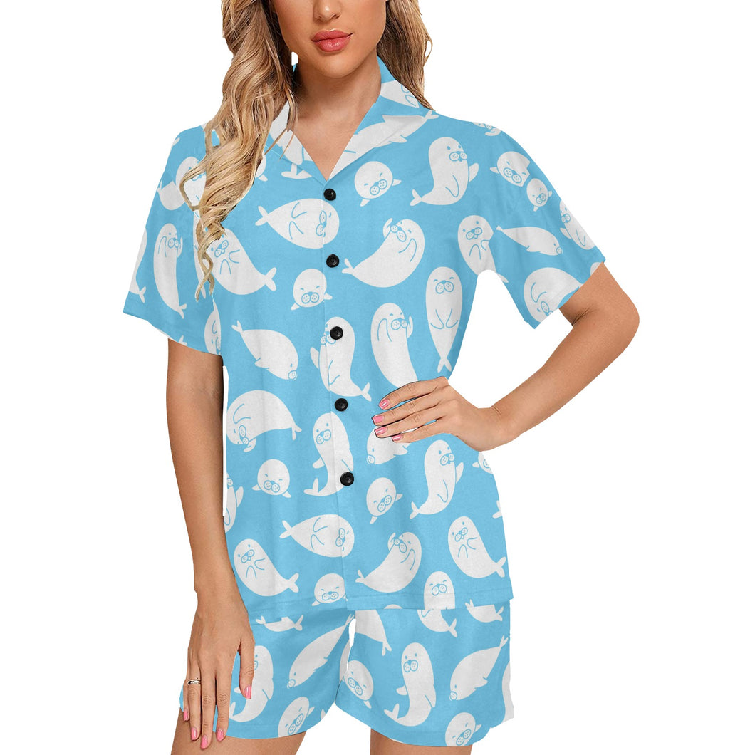 Cute white sea lion seals pattern Women's V-Neck Short Pajama Set