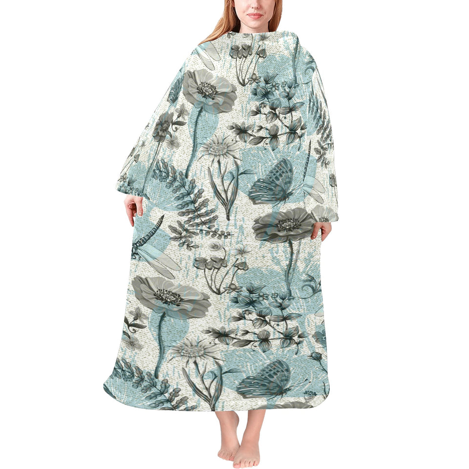 Dragonfly Butterfly Plants insect flower vintage s Blanket Robe with Sleeves