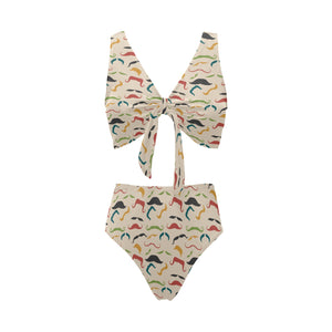 Mustache Beard Pattern Print Design 03 Chest Bowknot High Waisted Bikini Swimsuit