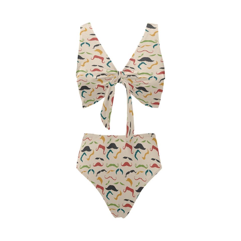 Mustache Beard Pattern Print Design 03 Chest Bowknot High Waisted Bikini Swimsuit