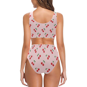 cherry pattern pink background Chest Bowknot High Waisted Bikini Swimsuit