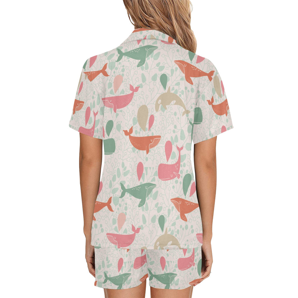 Cute whale pattern Women's V-Neck Short Pajama Set