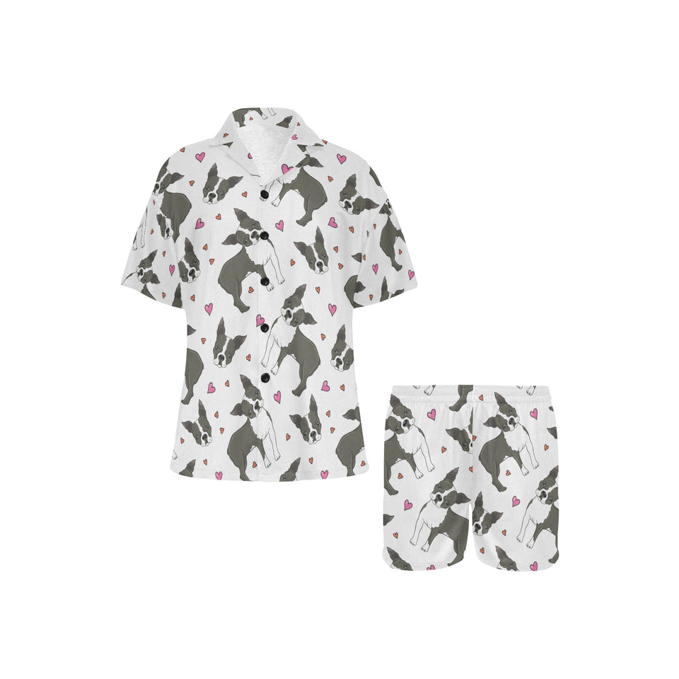 Boston terrier dog hearts vector pattern Women's V-Neck Short Pajama Set