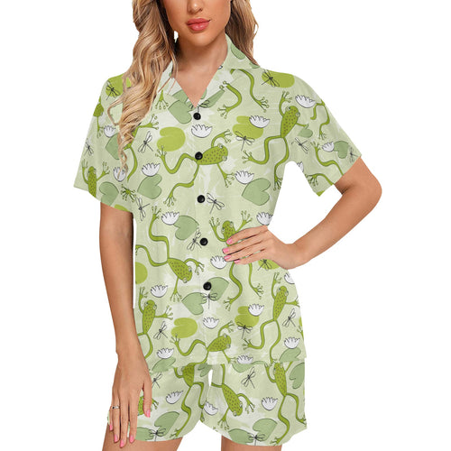Cute frog dragonfly pattern Women's V-Neck Short Pajama Set