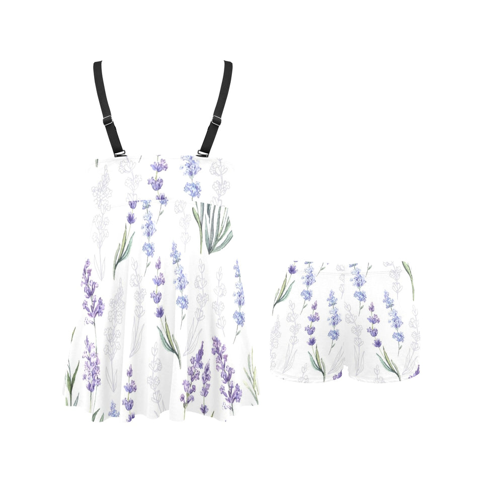 Hand painting Watercolor Lavender Chest Sexy Pleated Two Piece Swim Dress