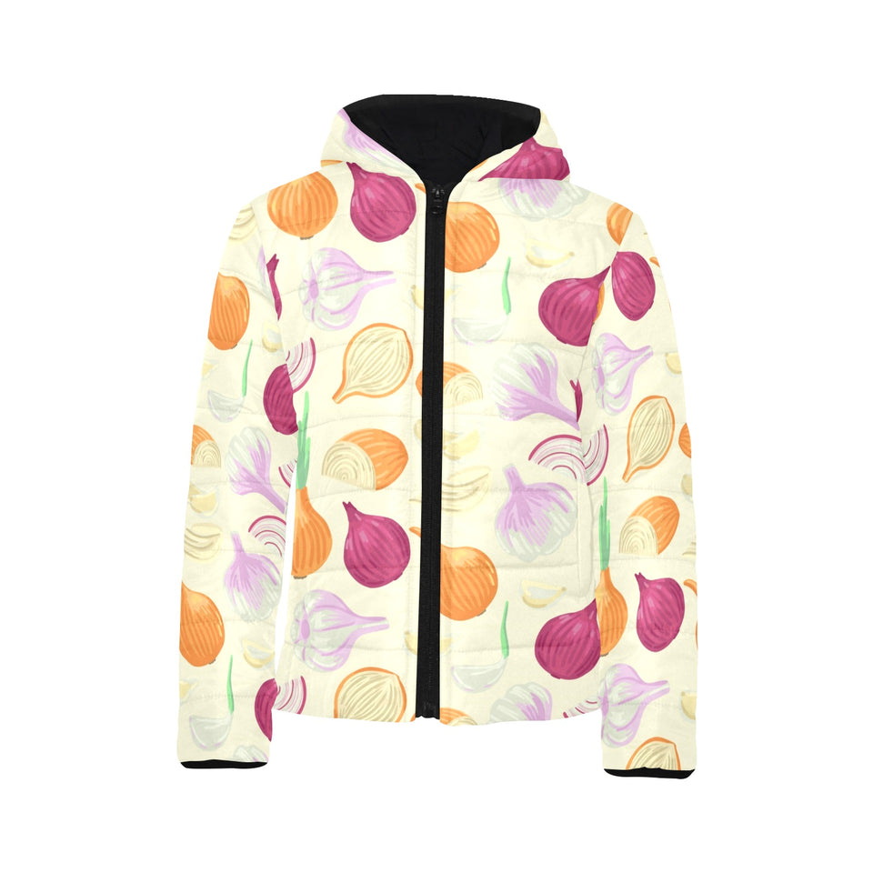 Onion garlic white red pattern Kids' Boys' Girls' Padded Hooded Jacket
