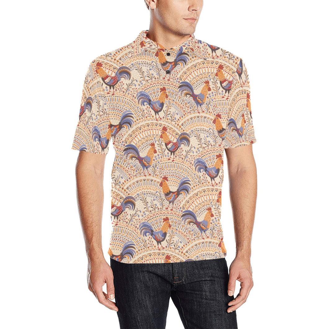 Cute rooster chicken cock floral ornament backgrou Men's All Over Print Polo Shirt