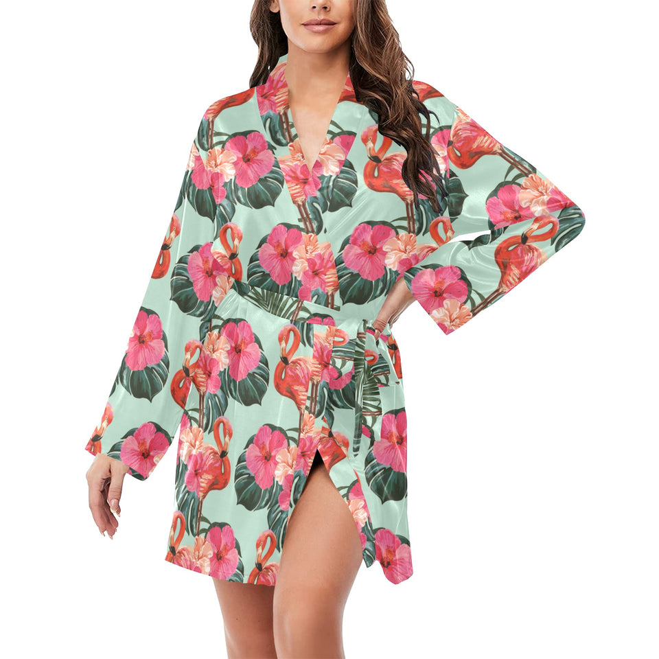 Beautiful flamingo tropical palm leaves hibiscus p Women's Long Sleeve Belted Night Robe