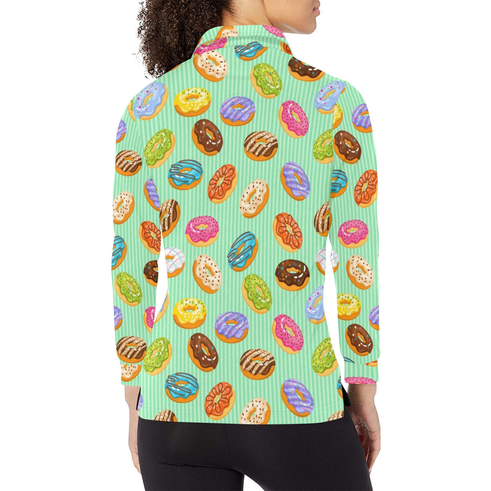 Colorful donut pattern green background Women's Long Sleeve Polo Shirt