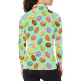 Colorful donut pattern green background Women's Long Sleeve Polo Shirt
