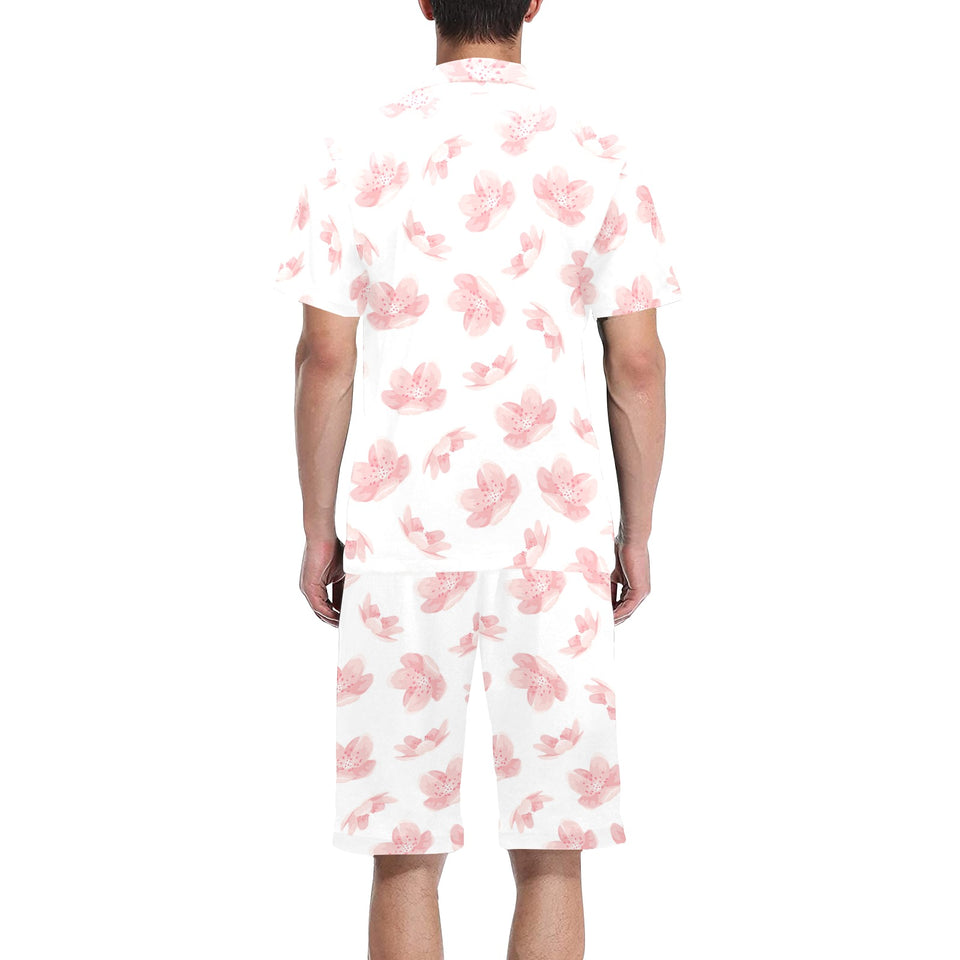 Pink sakura cherry blossom pattern Men's V-Neck Short Pajama Set
