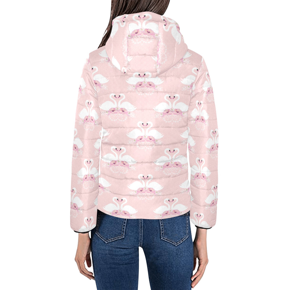 White swan and flower love pattern Women's Padded Hooded Jacket