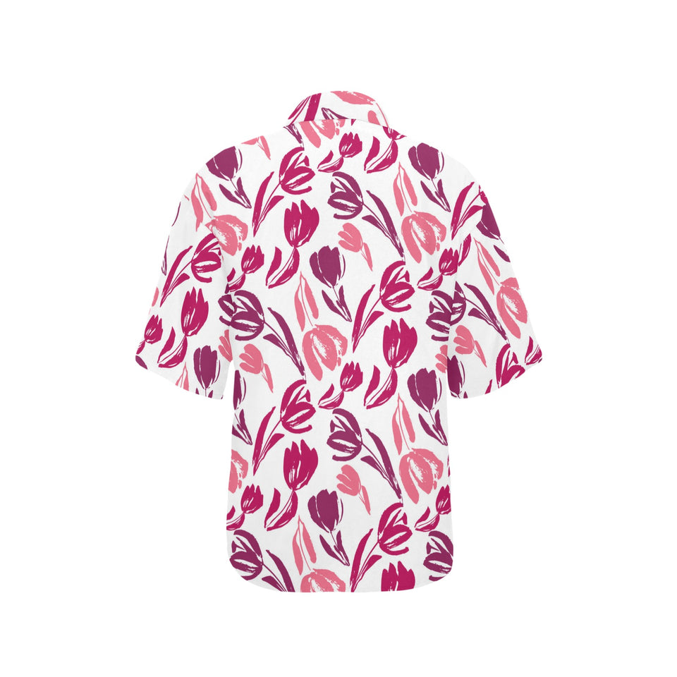 pink sketch tulip pattern Women's All Over Print Hawaiian Shirt