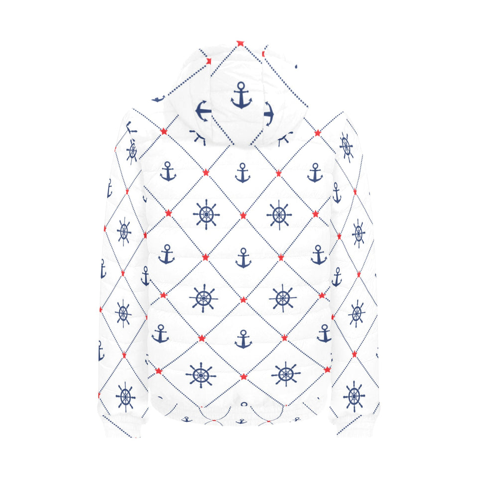 Anchor rudder nautical design pattern Men's Padded Hooded Jacket