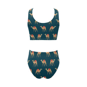 Camel pattern blue blackground Chest Bowknot High Waisted Bikini Swimsuit