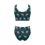 Camel pattern blue blackground Chest Bowknot High Waisted Bikini Swimsuit