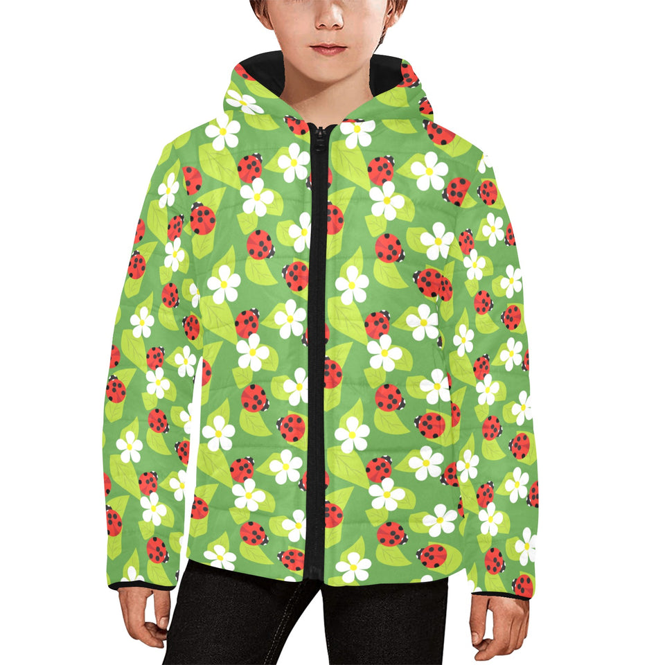 Ladybug Pattern Print Design 01 Kids' Boys' Girls' Padded Hooded Jacket