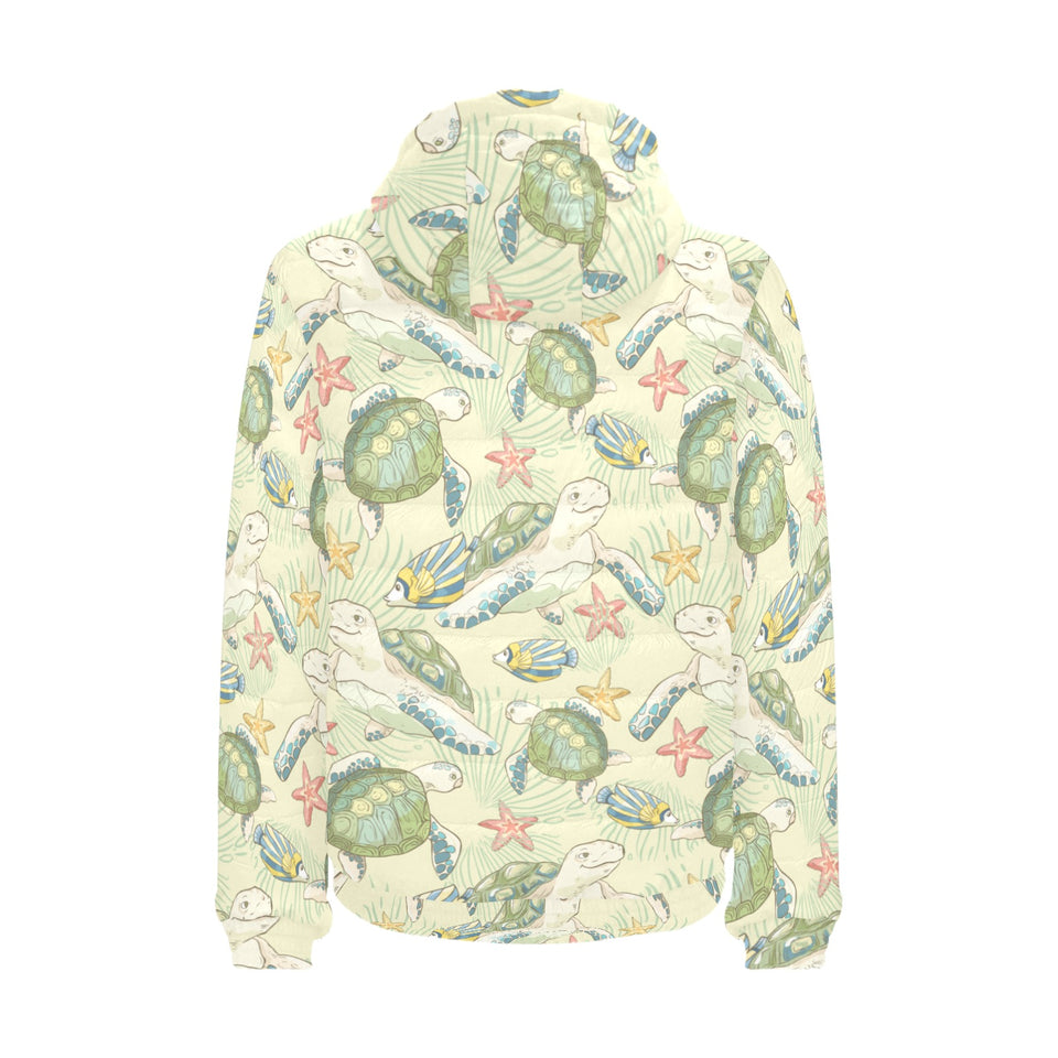 Hand drawn sea turtle fish pattern Men's Padded Hooded Jacket