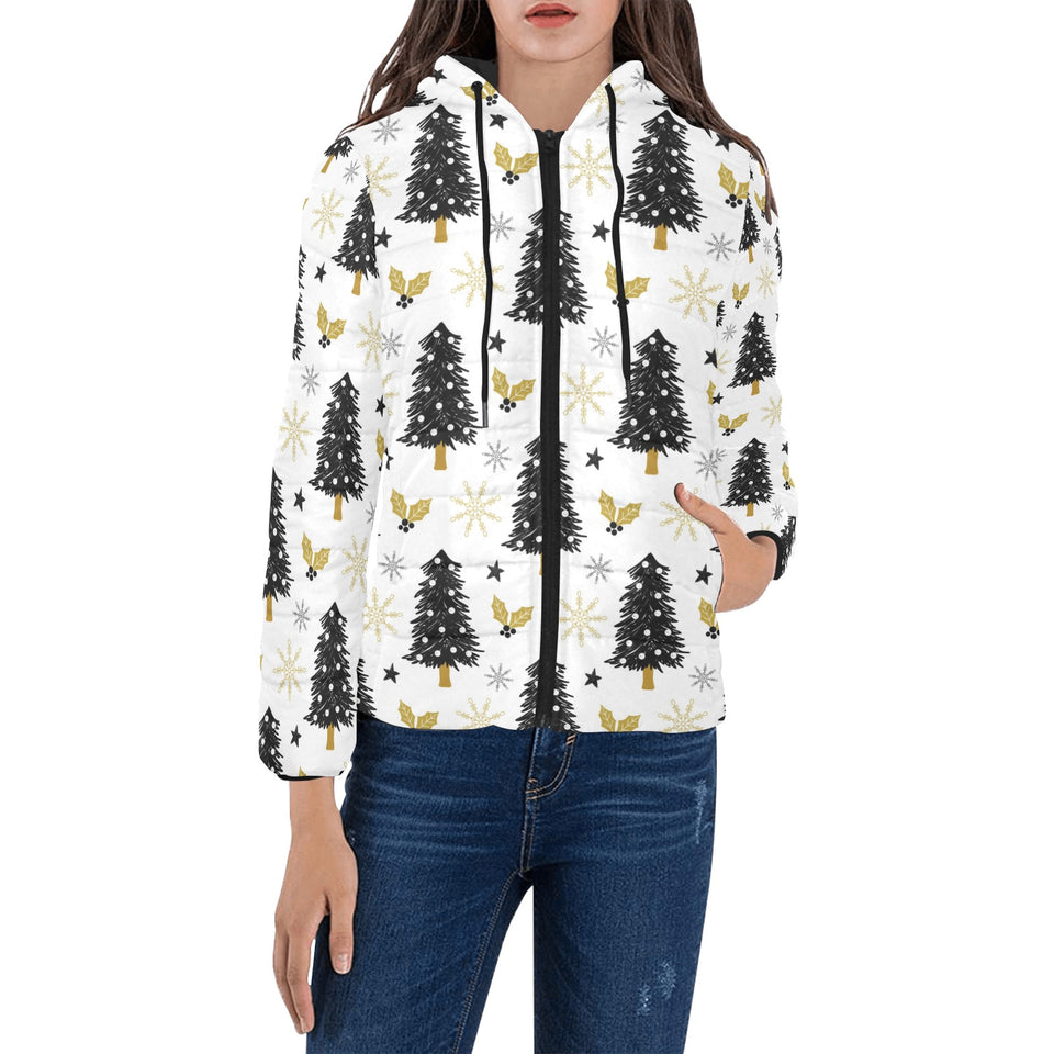 Christmas tree holly snow star pattern Women's Padded Hooded Jacket