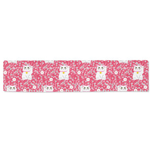 Maneki neko cat sakura pink background Table Runner