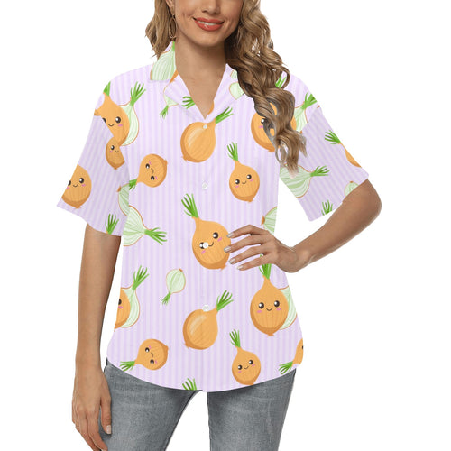 cute onions smiling faces purple background Women's All Over Print Hawaiian Shirt